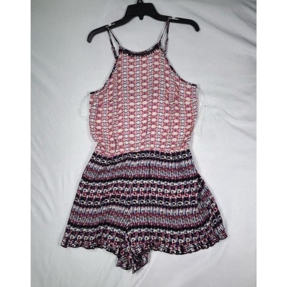 Indigo Rein Womens L Geometric Boho Cami Romper Open Back Pom Pom Trim